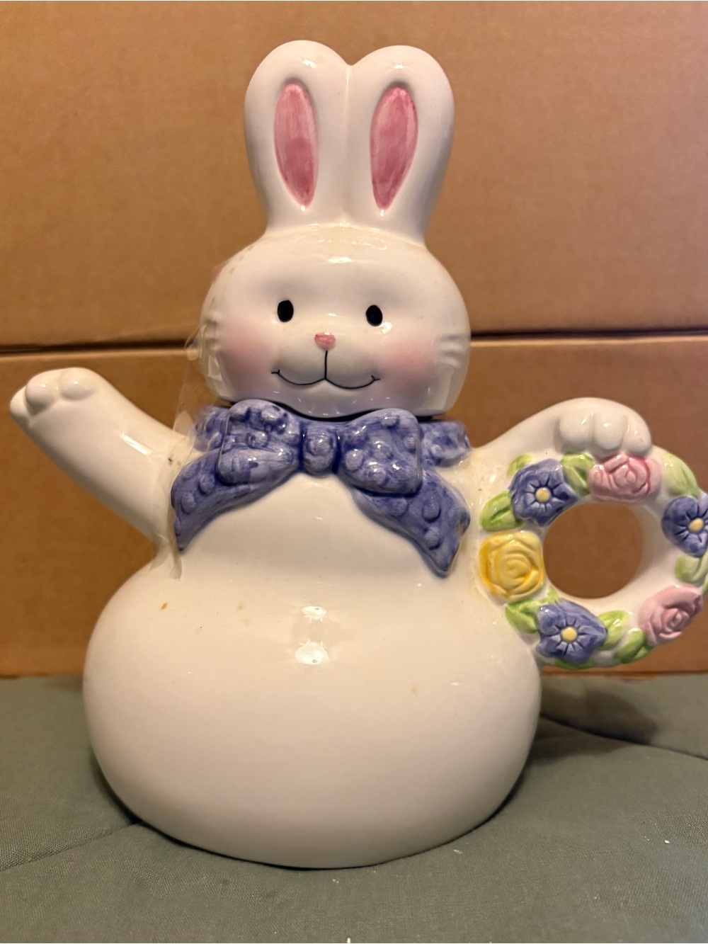 White Ceramic Bunny Figurine with Pastel Floral Handle and Lavender Bow
